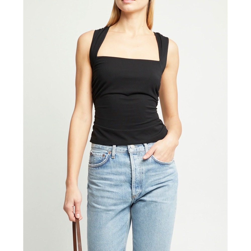 Few Moda Kourt Women Black Ruched Sleeveless Square Neck Top Size S NWT